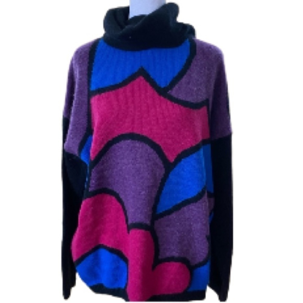 Vintage Richard and Co Turtleneck Sweater Large Black Blue Pink Purple